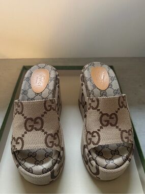Gucci Brown Beige GG Canvas Platform Slide Mules
